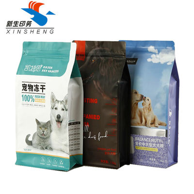 ถุงอาหารแมวพลาสติกก้นแบนแบบกำหนดเอง VMPET บรรจุภัณฑ์อาหารสุนัข MOPP ลามิเนต